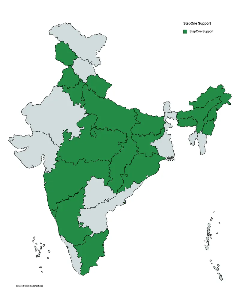 Map of India highlighting the states where StepOne supported the Covid-19 response
